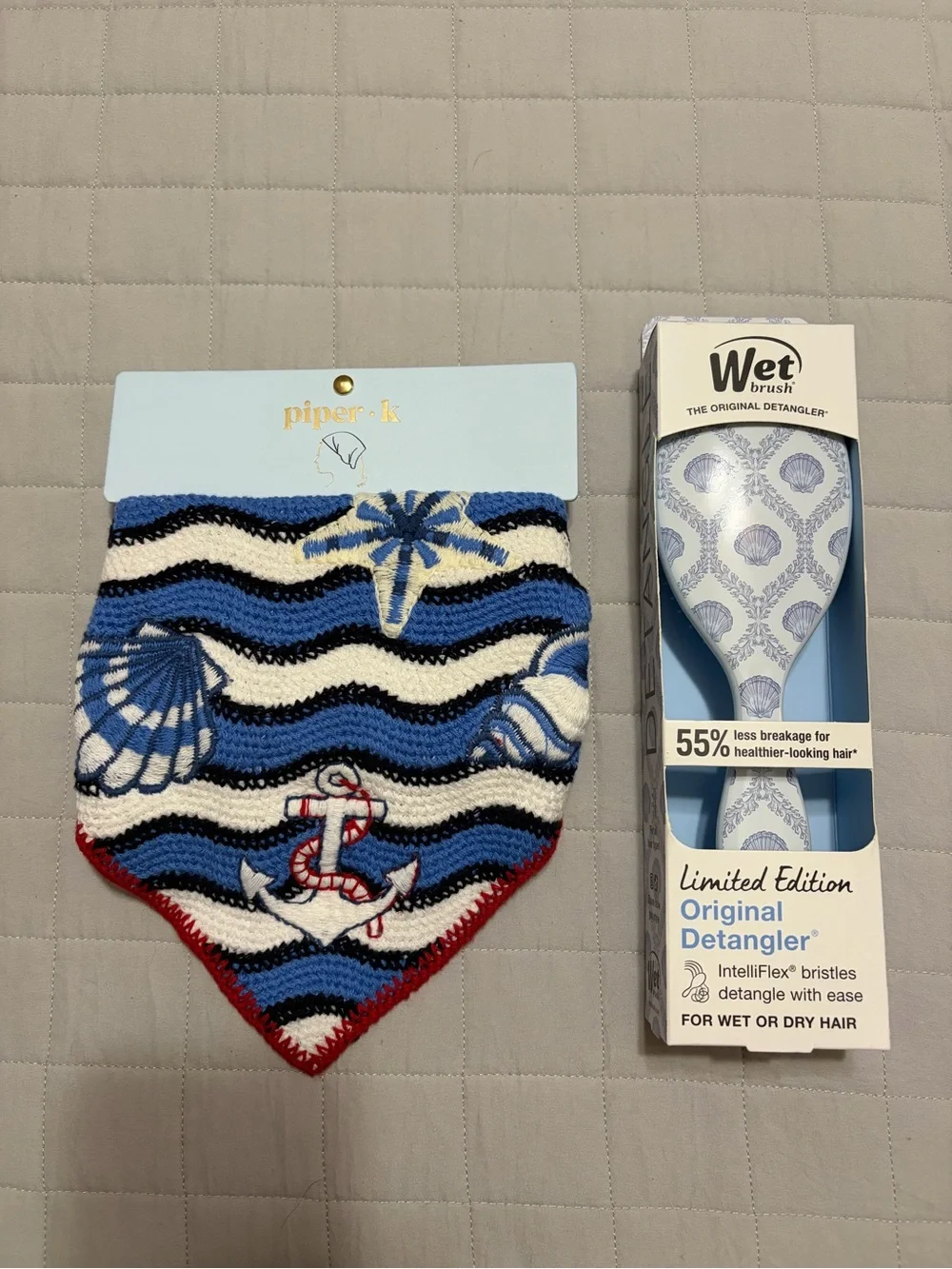 2 pc Set - Piper K Blue & White Nautical Knit Bandana Bib and Wet Brush